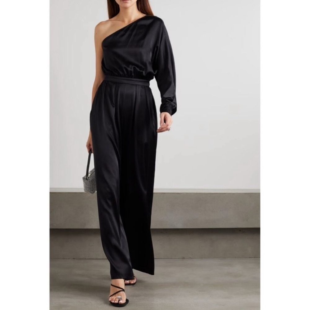 Rivet Utility Flirt Jumpsuit Black‎ Satin One Shoulder Wide Leg Size M